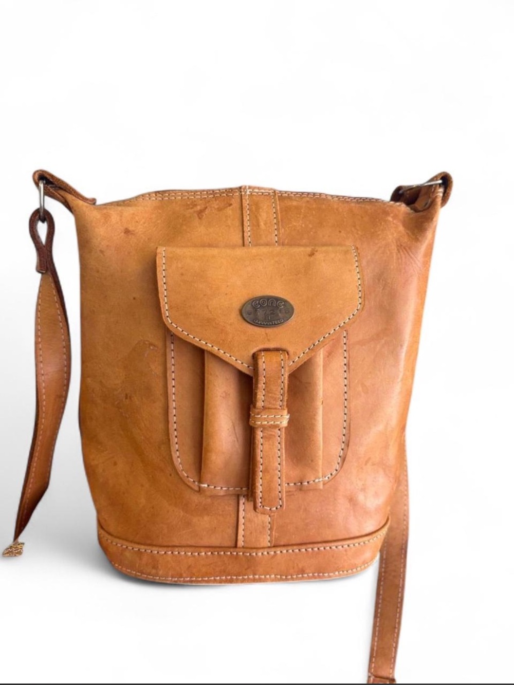 Cone Tan Leather Crossbody Bucket Bag Vintage Boho Shoulder Purse